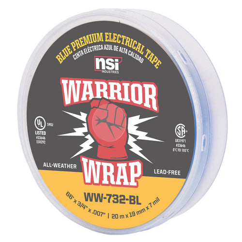 NSI Industries WW-732-BL WarriorWrap Premium Medium 3/4 in. x 66 ft. 7 mil Vinyl Electrical Tape, Blue