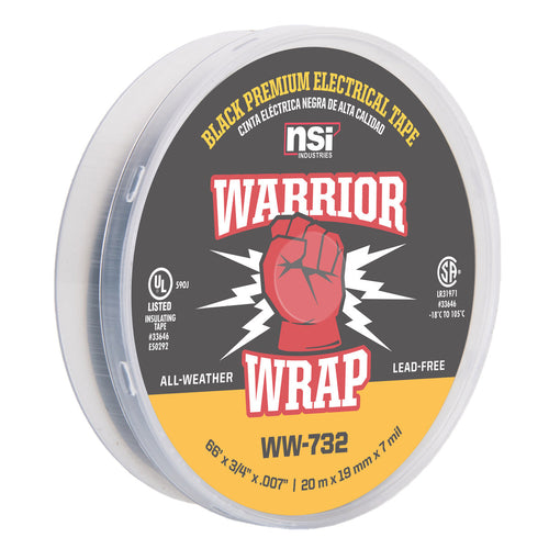 NSI Industries WW-732 WarriorWrap Premium 3/4 in. x 66 ft. 7 mil Vinyl Large Electrical Tape, Black