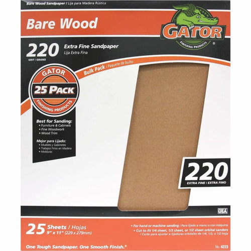 Gator Bare Wood 9 In. x 11 In.. 220 Grit Extra Fine Sandpaper (25-Pack)