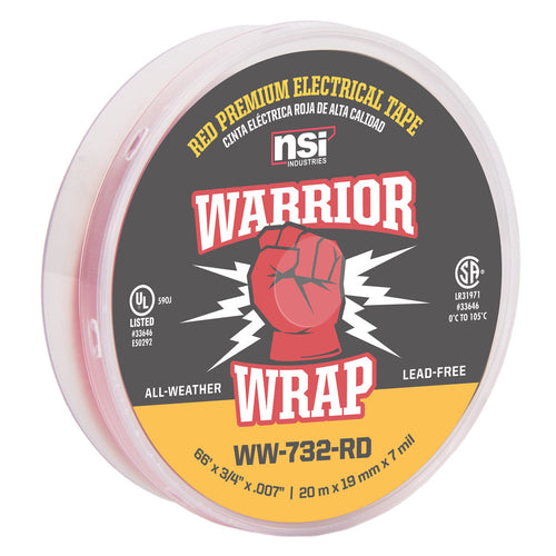 NSI Industries WW-732-RD WarriorWrap Premium Medium 3/4 in. x 66 ft. 7 mil Vinyl Electrical Tape, Red